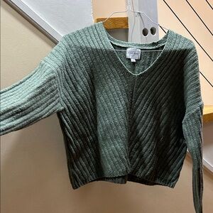 Pink Rose Textured Green V-Neck Sweater